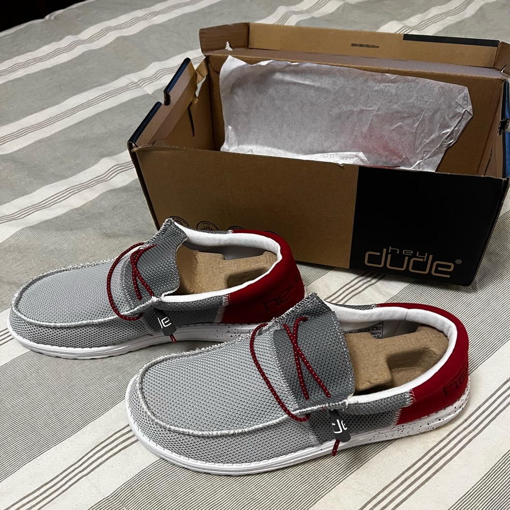 Hey Dude men’s Wally Sox. Funk Dark Gray Red. New with tags and box.